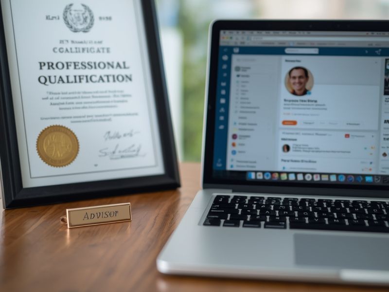A financial advisor's professional credentials displayed on a desk, representing the author authority signals that strengthen SEO for banking institutions.