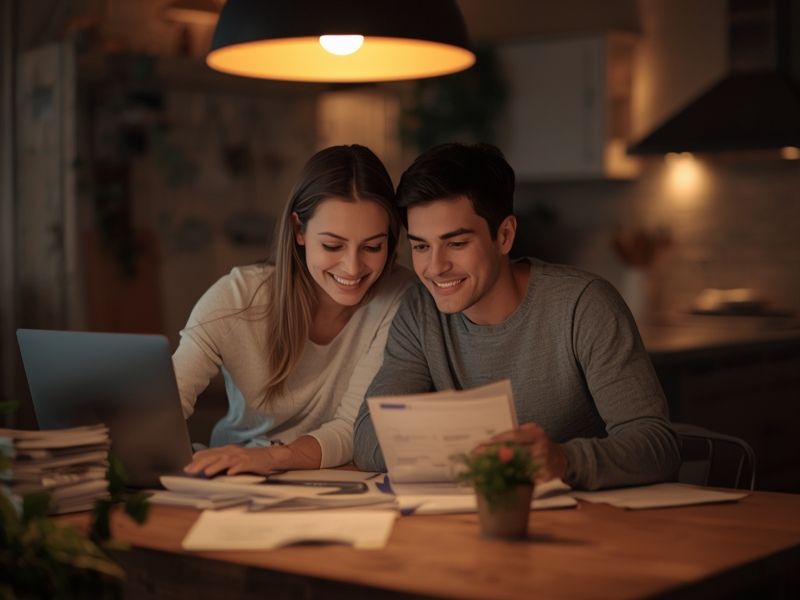 A couple reviewing their finances at home at night, the kind of real-world search moment that effective SEO for banking institutions content is designed to reach.