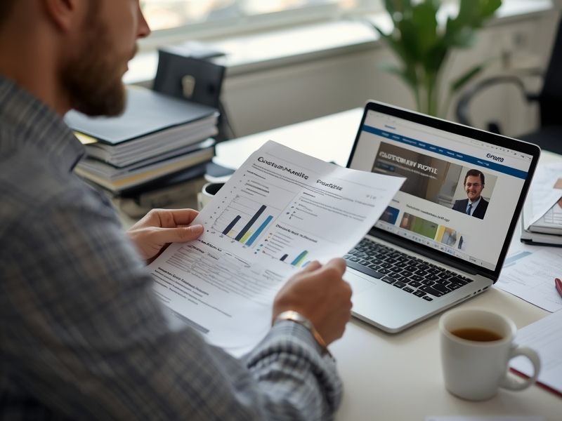 A marketing manager reviewing printed customer personas documents alongside a website on a laptop
