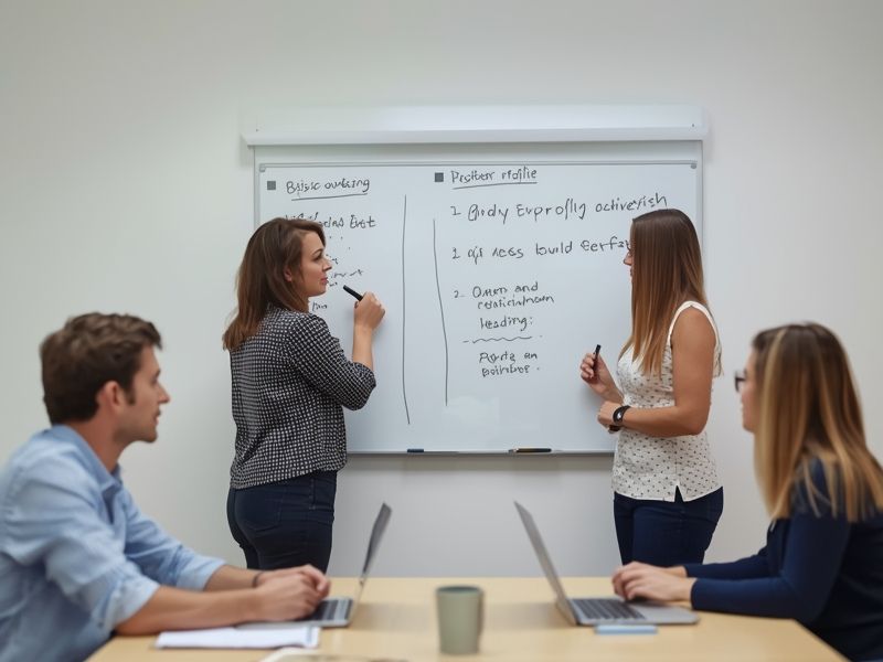 A team building customer personas on a whiteboard during a marketing planning session