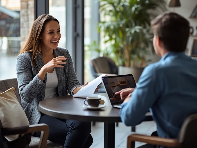 A researcher conducting a one-to-one customer interview to gather data for customer personas