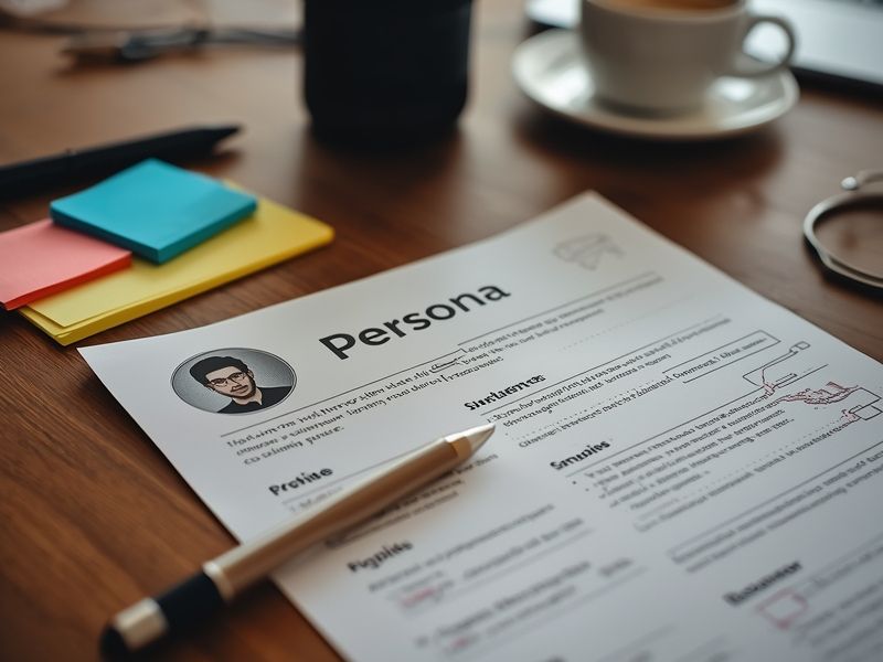 A printed customer personas profile template with handwritten notes on a working desk