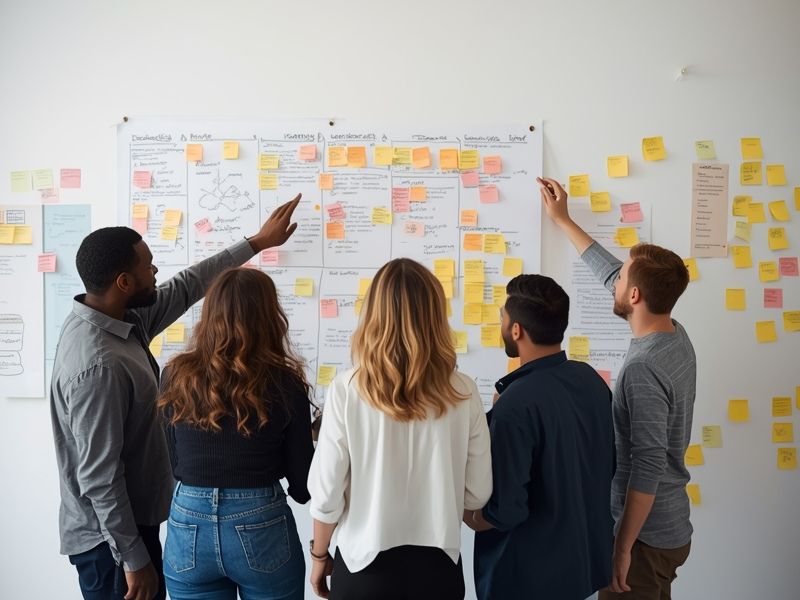 A marketing team mapping out a customer journey using sticky notes to develop customer personas