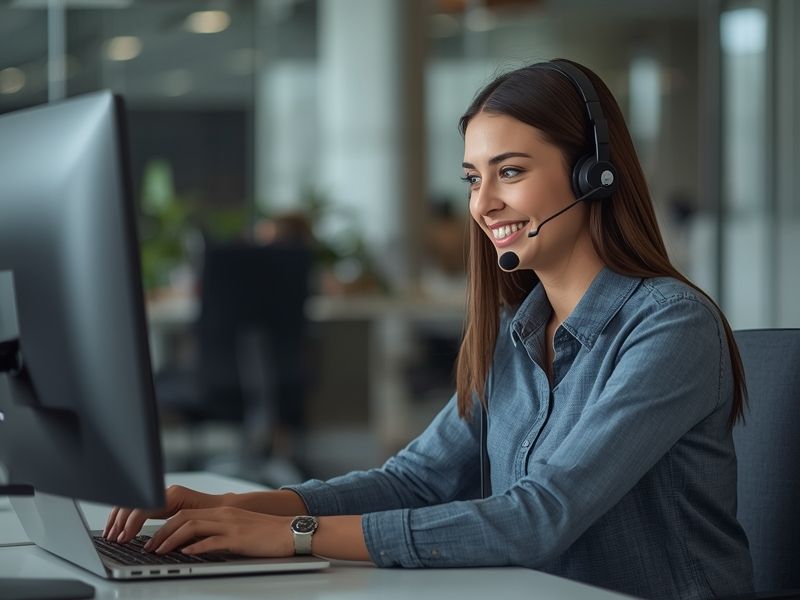 A customer service agent responding to a live chat query at a modern office desk