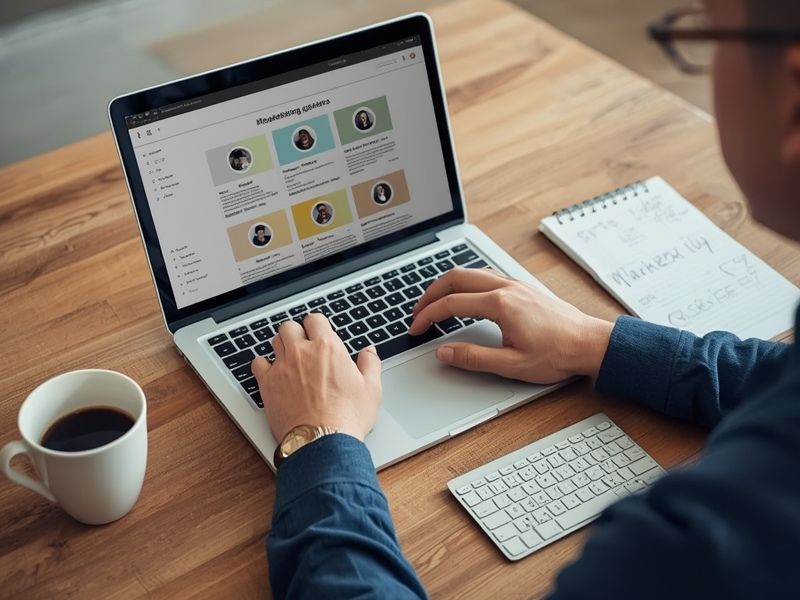 A business owner researching live chat software options on a laptop