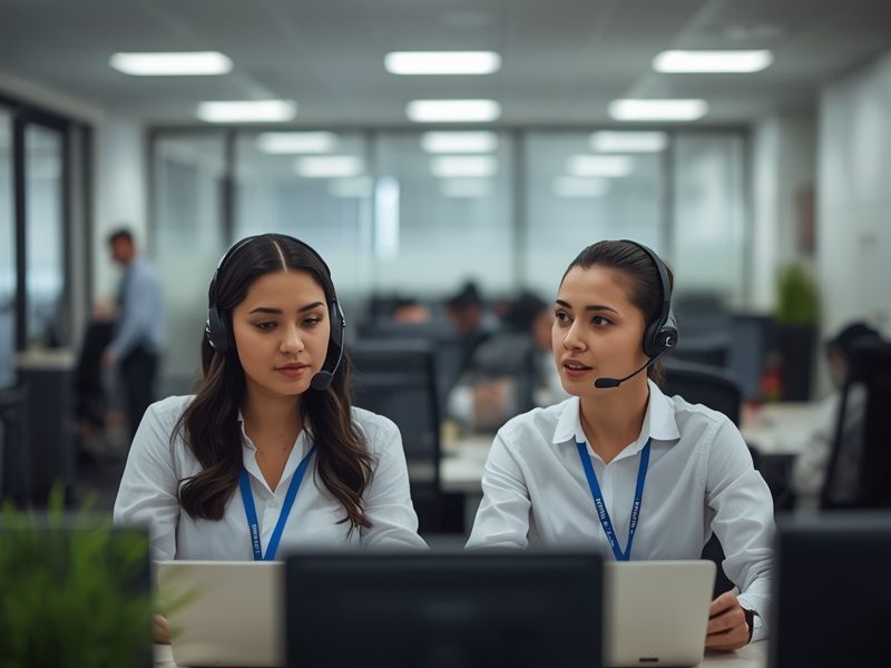 Two customer support agents managing live chat escalations in a contact centre