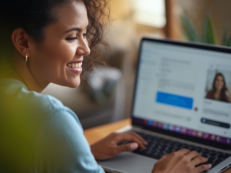 A customer successfully resolving an issue through a live chat session on a laptop