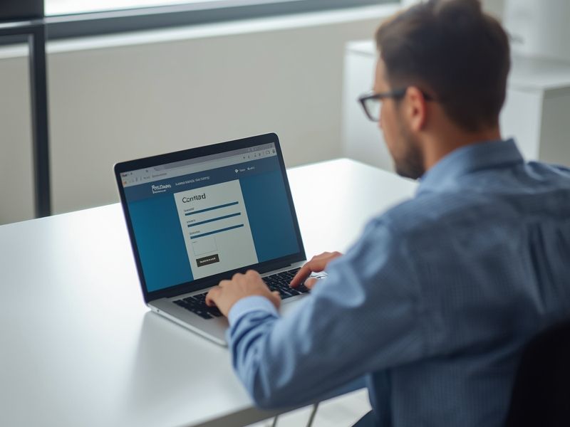 A business professional reviewing GDPR-compliant web forms on a laptop in a modern office setting
