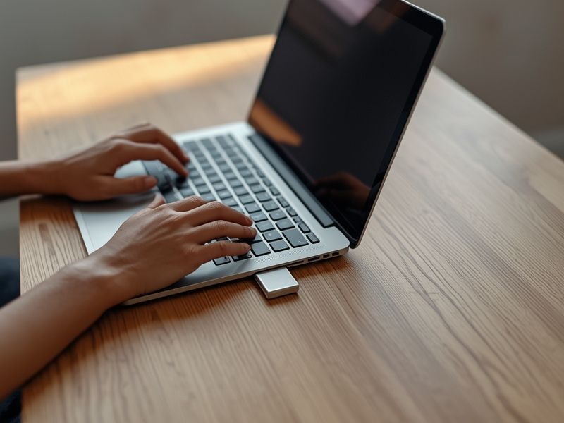 Hands at a laptop with a USB drive, representing the asset migration phase when setting up Canva for SMEs across a business