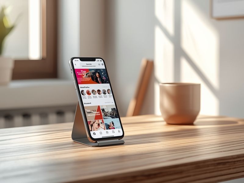 A smartphone displaying a social media feed on a desk, showing how Canva for SMEs enables direct publishing to social platforms