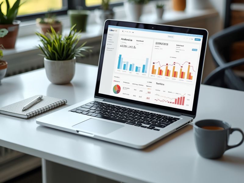 Laptop displaying subscriber analytics dashboard for email marketing with ConvertKit on a clean office desk