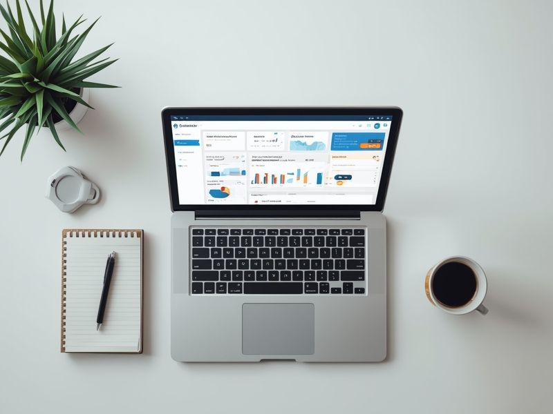 A laptop displaying a security dashboard on a clean office desk representing data protection for online businesses