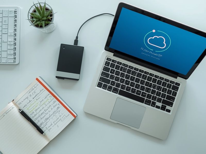 A desk setup showing cloud backup software running as part of data protection for online businesses management