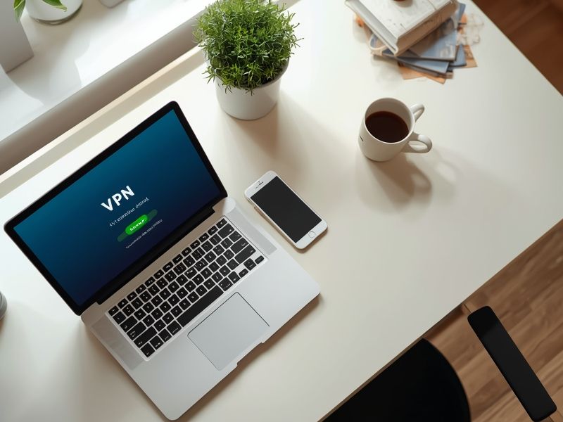 A home office desk with a laptop showing an active VPN connection supporting data protection for online businesses for remote workers