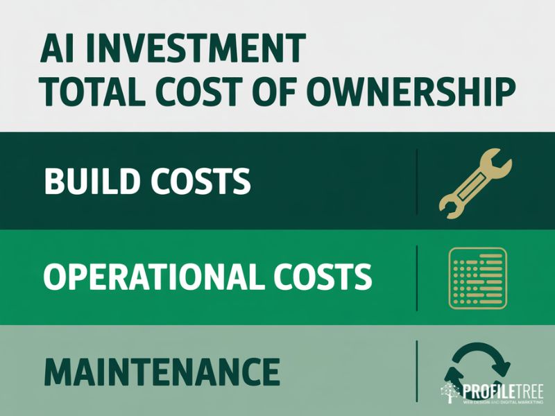 Flat vector diagram showing the three-tier total cost of ownership model for AI Investments including build, operational, and maintenance costs