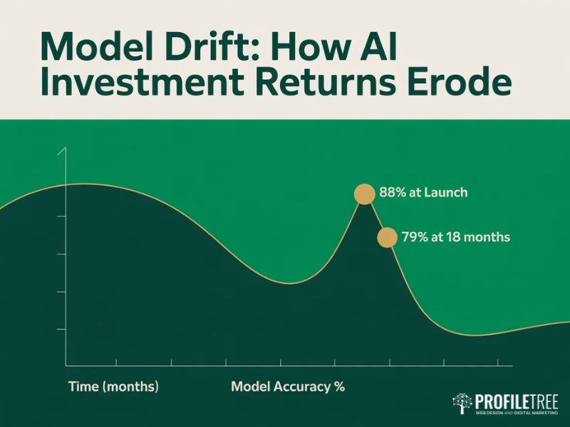 Flat vector line graph illustrating how model drift erodes AI Investments ROI over an 18 month period