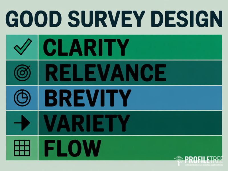 Online Surveys for SMEs: five principles of good survey design shown as flat vector blocks including clarity, relevance and brevity