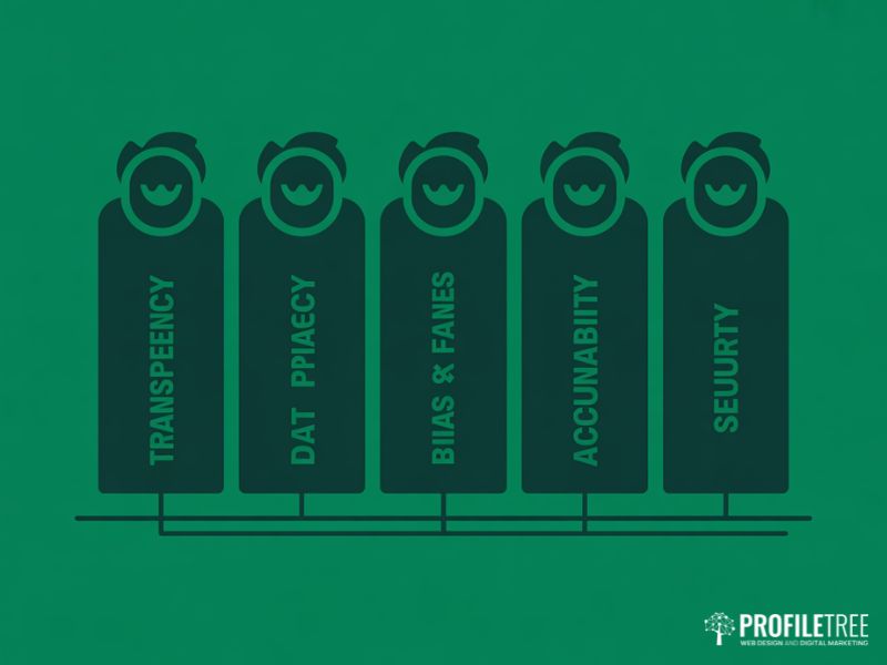 Ethical AI five pillars of legal compliance including transparency, data privacy, bias, accountability, and security