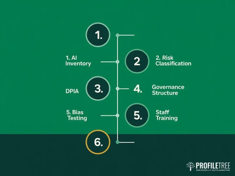 Ethical AI compliance roadmap showing six steps from AI inventory to staff training