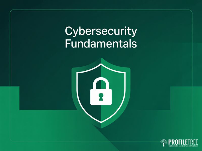Cybersecurity Fundamentals shield and padlock graphic for UK business protection