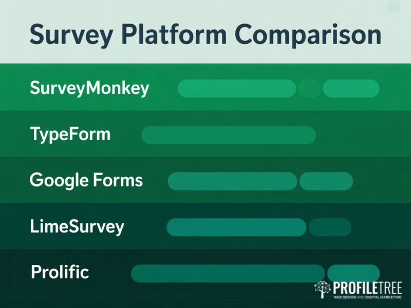 Online Surveys for SMEs: flat vector bar chart comparing popular UK survey platforms including SurveyMonkey, Typeform and Google Forms
