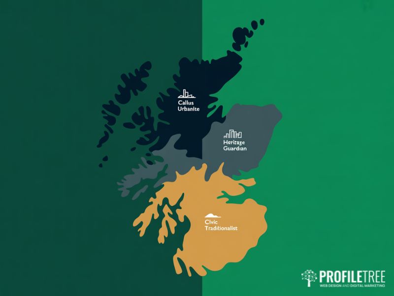 A flat vector map illustrating regional identity across Scotland for Scottish culture in local marketing