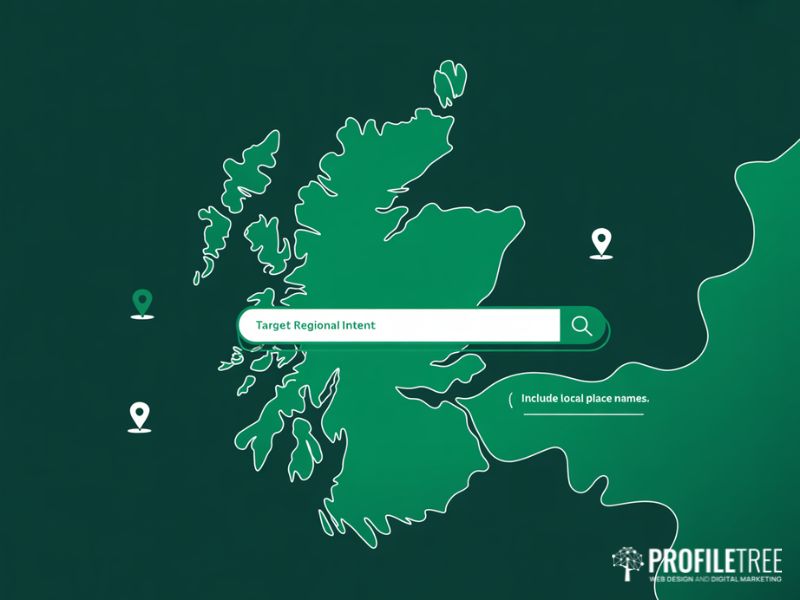 Flat vector illustration of regional search intent across Scotland for Scottish culture in local marketing
