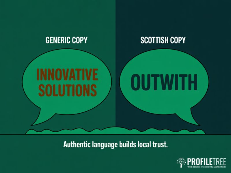 Flat vector speech bubble graphic contrasting authentic and generic tone in Scottish culture in local marketing