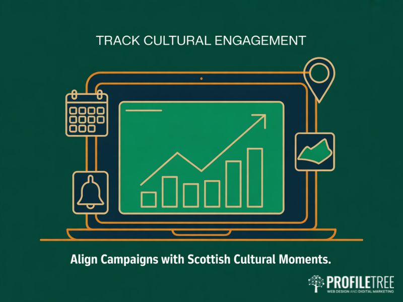 Flat vector graphic of digital analytics tools used in Scottish culture in local marketing campaigns