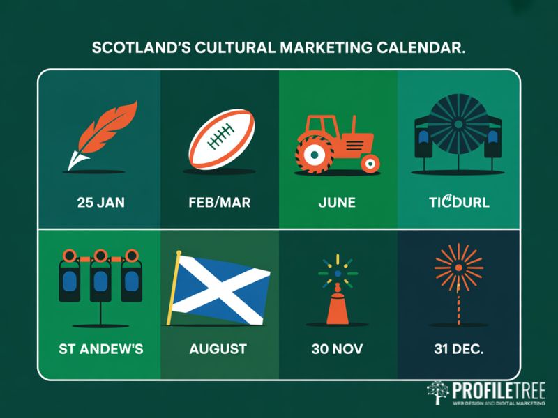 Flat vector marketing calendar graphic showing key cultural dates for Scottish culture in local marketing