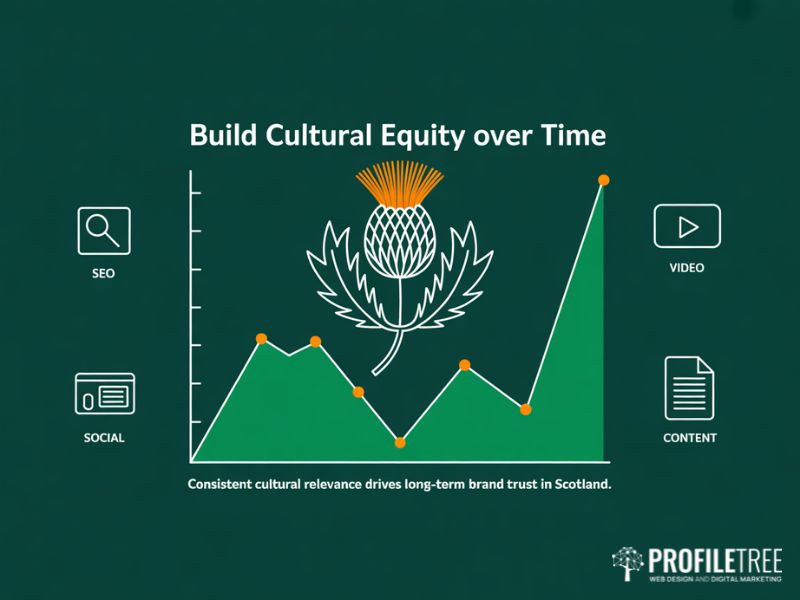 Flat vector strategy graphic representing long-term brand growth through Scottish culture in local marketing