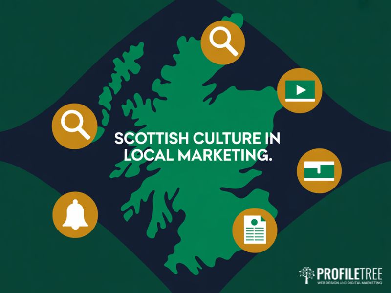 Flat vector hero image for a guide on Scottish culture in local marketing covering SEO, content, and digital strategy