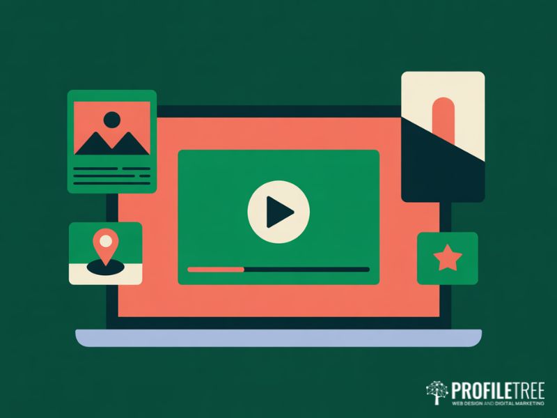 Flat vector illustration of a laptop with video and content icons representing content marketing for Irish businesses