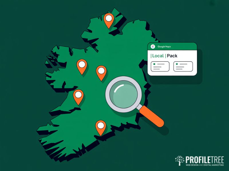 Flat vector map of Ireland with location pins and local search results illustrating local SEO for Irish businesses