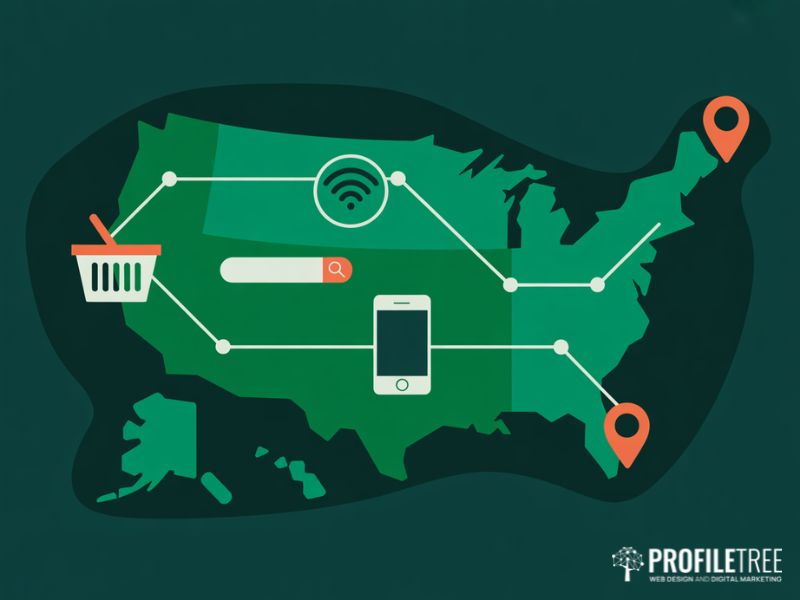 Flat vector illustration of the United States with digital commerce icons representing US consumer behaviour trends in 2025