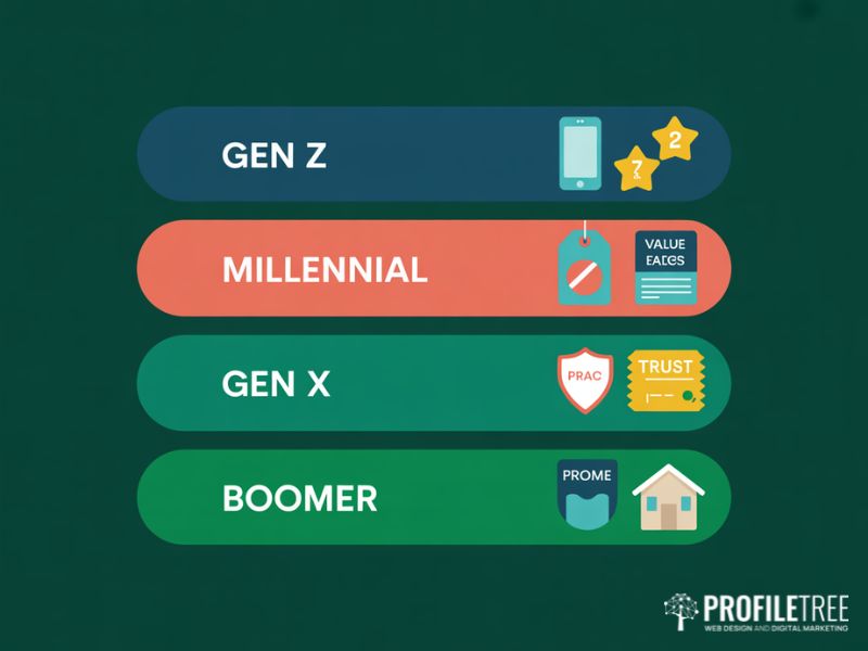 Flat vector chart showing generational priorities influencing US consumer behaviour across Gen Z, Millennial, Gen X and Boomer cohorts