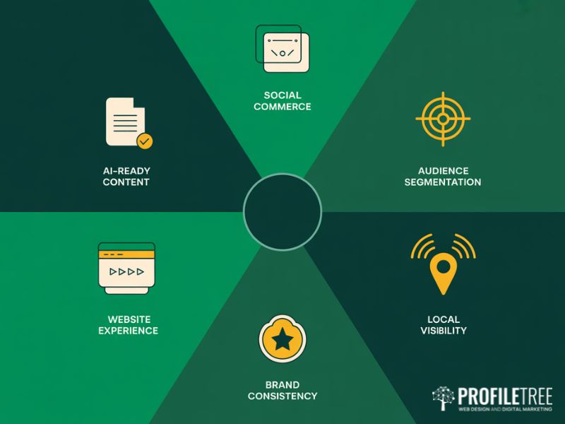 Flat vector strategy wheel summarising six digital priorities for businesses responding to shifts in US consumer behaviour
