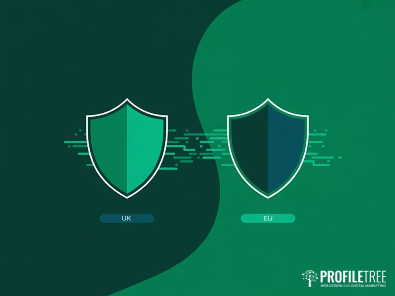 Flat vector showing UK and EU data protection shields representing digital compliance and regulations for Northern Ireland businesses