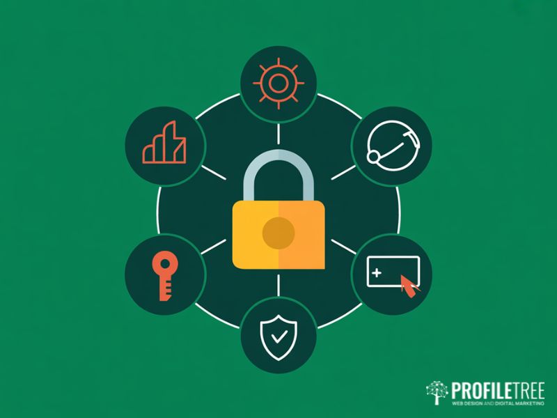 Flat vector illustration of the five Cyber Essentials controls relevant to digital compliance and regulations in Northern Ireland