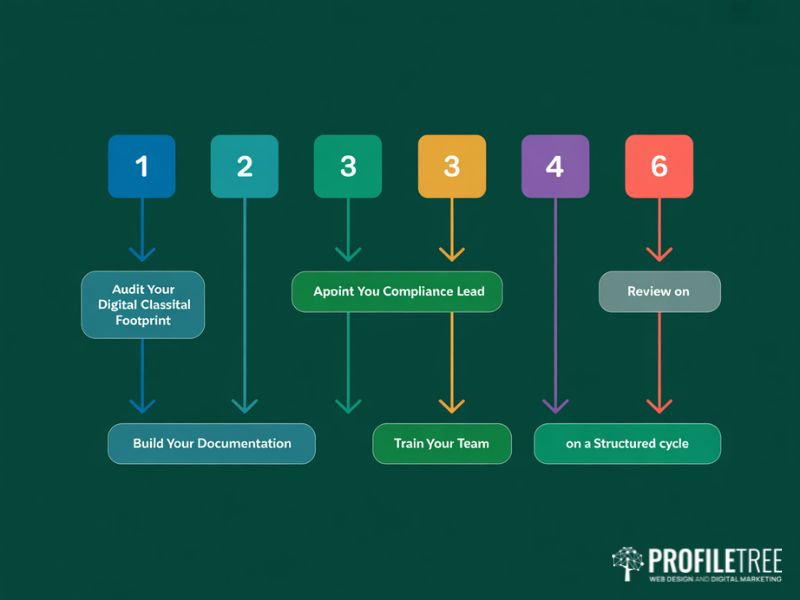 Flat vector diagram showing six steps for managing digital compliance and regulations in Northern Ireland, from audit to structured review