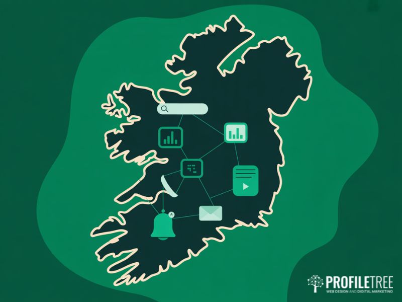Digital marketing training in Ireland overview illustration showing key digital channels across an Ireland map graphic