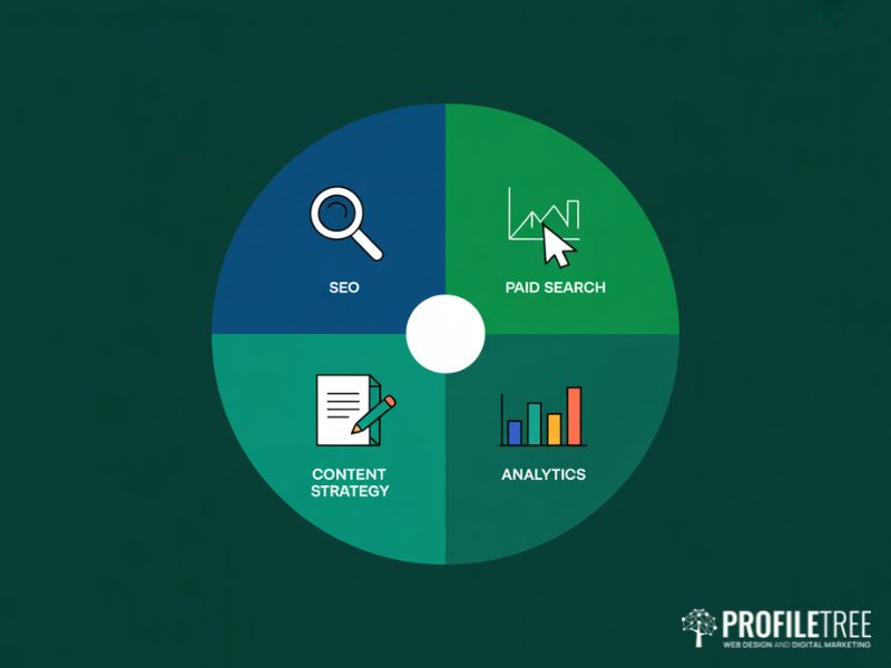 Digital marketing training in Ireland core channels diagram showing SEO paid search content strategy and analytics as flat vector segments