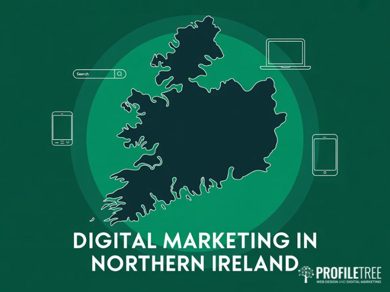 Digital marketing channels used by SMEs in Northern Ireland shown as icons around a flat vector map of the region