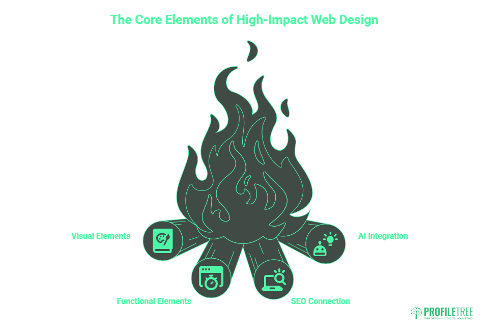 Illustration of a campfire with four labelled logs—Visual Elements, Functional Elements, SEO Connection, and AI Integration—representing core elements of high-impact web design and web development. ProfilTree logo is in the bottom right corner.