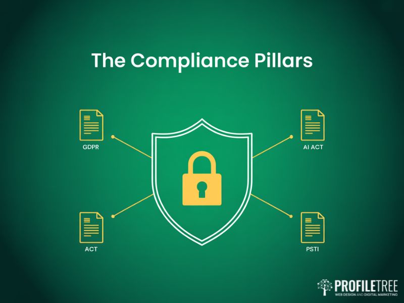 Flat vector compliance graphic of the regulatory framework around AI and IoT projects covering UK GDPR, the EU AI Act and the PSTI Act