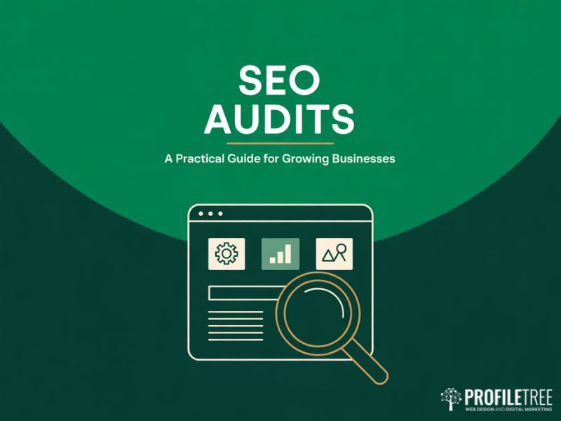 Hero illustration for SEO Audits guide showing a website wireframe being inspected by a magnifying glass with technical content and authority icons