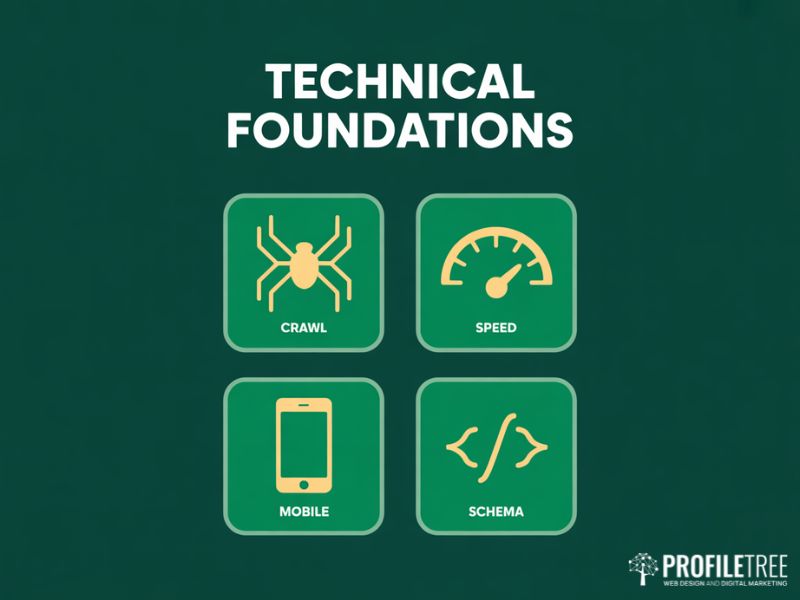 Four tile diagram for SEO Audits technical foundations showing crawlability speed mobile rendering and schema checks