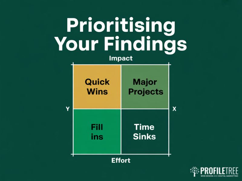Impact versus effort matrix for prioritising SEO Audits findings showing four quadrants quick wins major projects fill ins and time sinks
