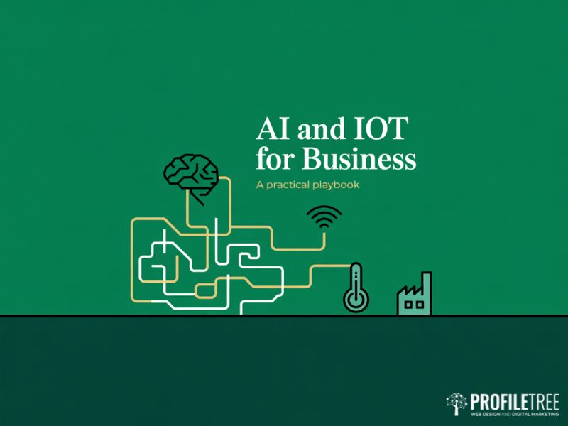 Flat vector hero illustration showing AI and IoT working together through a connected network of sensors and machine learning, with white and gold graphics on a deep green background