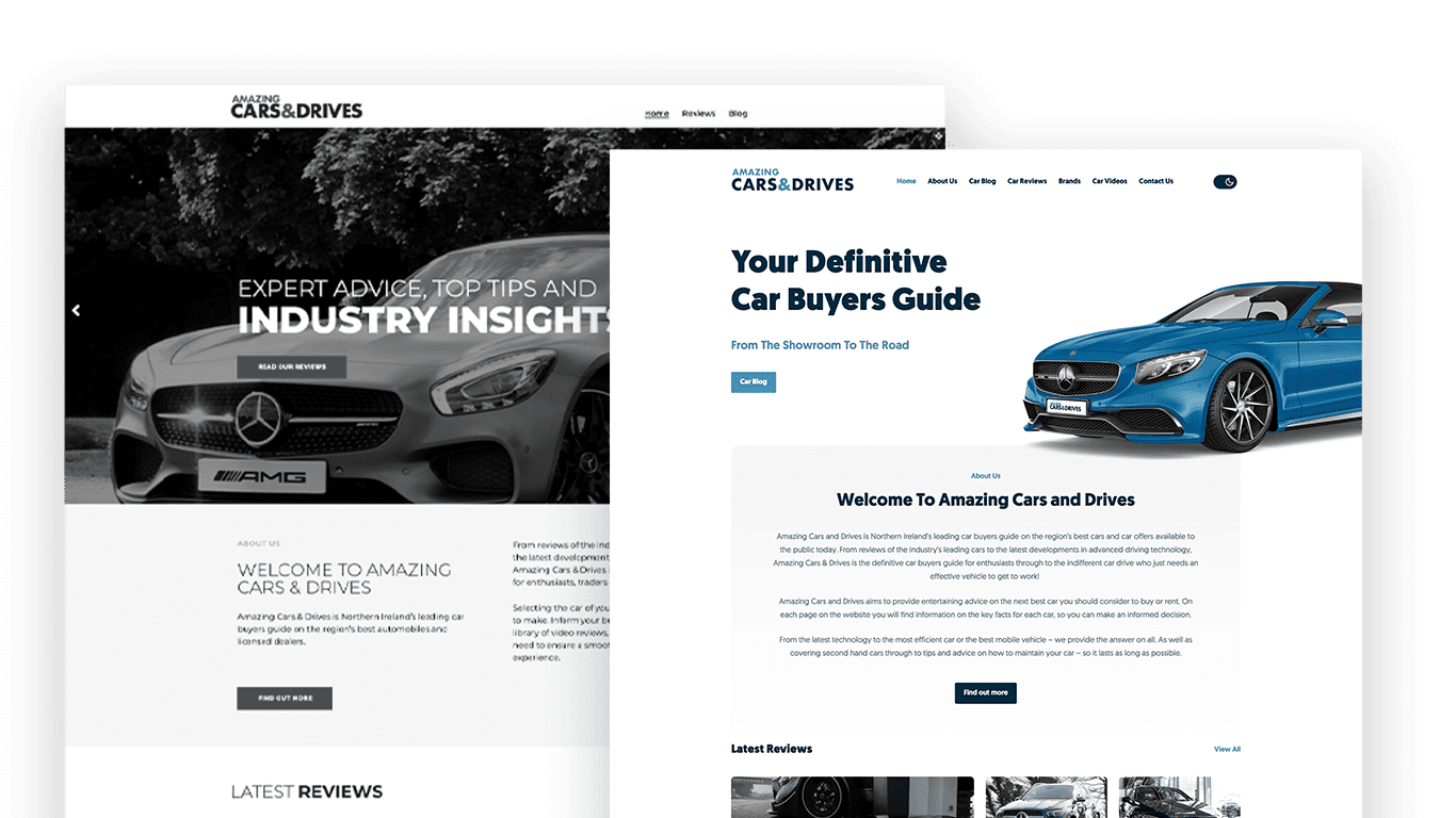 Screenshot of original Amazing Cars and Drives website and screenshot of newest version of website.=